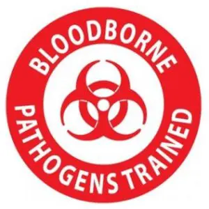 A red circle with the words " bloodborne pathogens trained ".