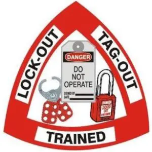 A red triangle with the words " lock-out tag-out trained ".