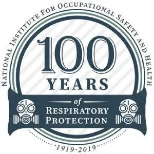 A blue and white logo with the words " 1 0 0 years of respiratory protection ", which is in front of an image of a hose.