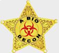 A biodecon badge with a red biohazard symbol on it.