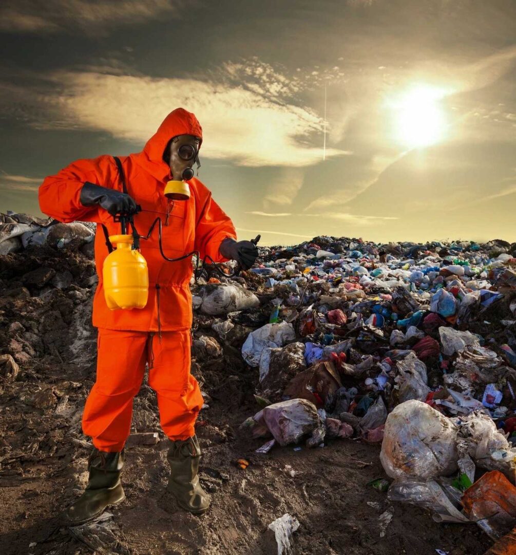 A person in an orange suit standing on top of a pile of garbage.